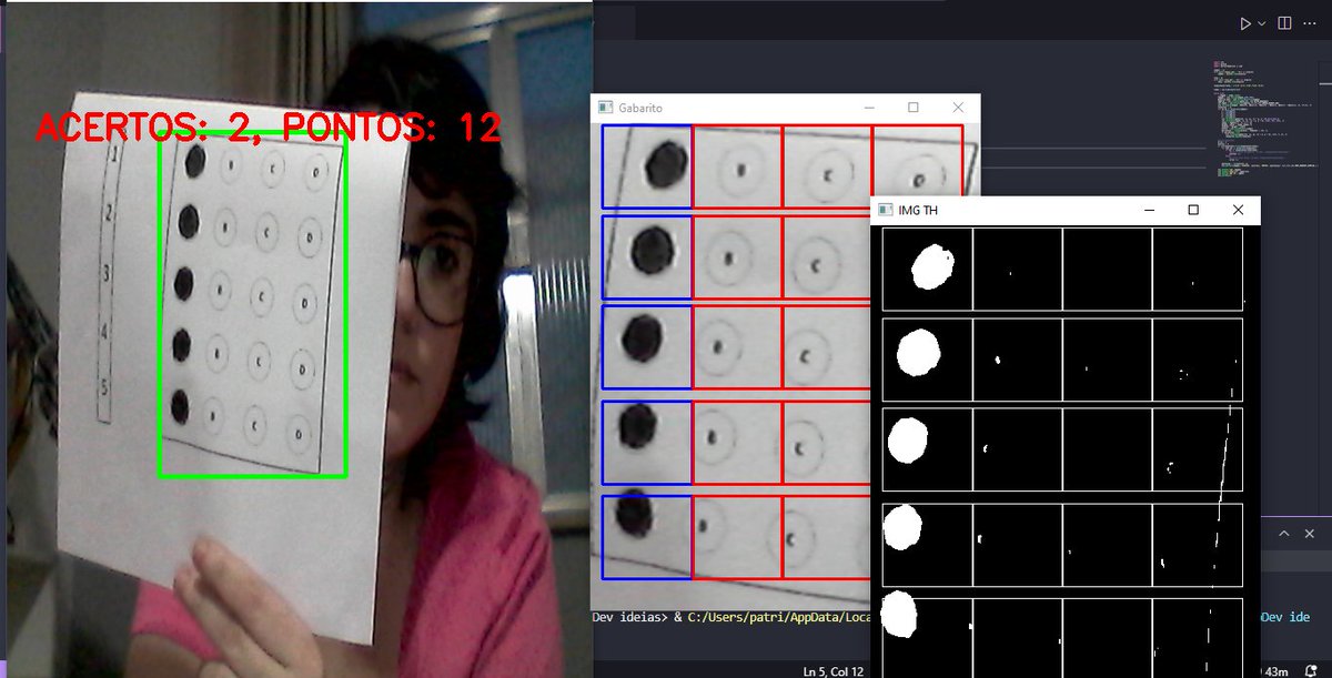 madeinpatti's tweet image. Minha esposa estava com uma pilha de cartões respostas de prova de alunos para corrigir, falei para ela q tinha como automatizar com Python e cumpri a promessa. Só apontar o cartão resposta para a webcam que o código mostra os acertos e calcula os pontos. Viva às libs do Python!