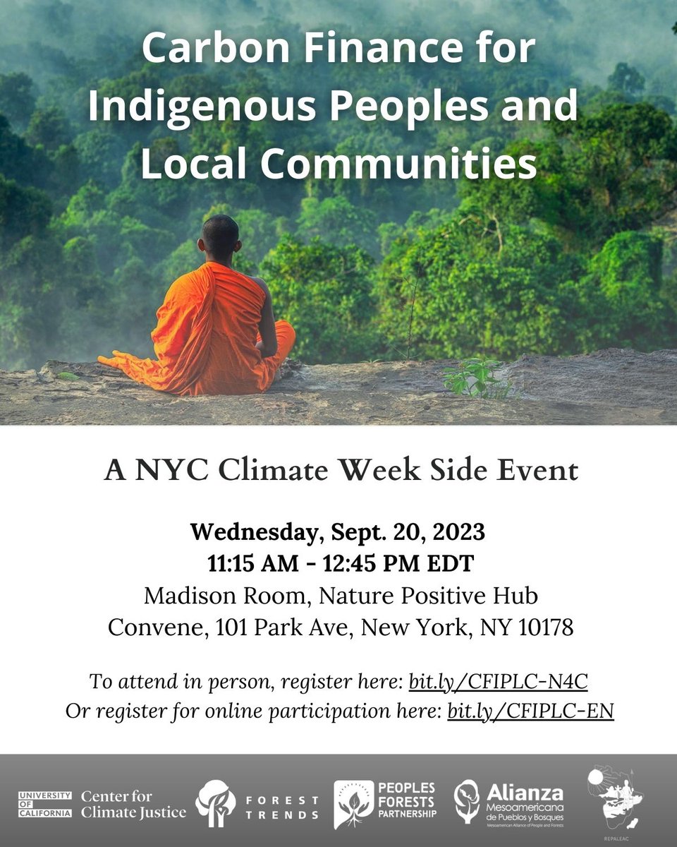Join us at #ClimateWeekNYC ! Hear the perspectives of Indigenous Peoples and local communities on how carbon finance can be a powerful instrument to support their rights and conserve their #forests. <a href="/peoplesforests/">peoplesforestspartnership</a> 
More information here: crm.nature4climate.org/civicrm/event/…