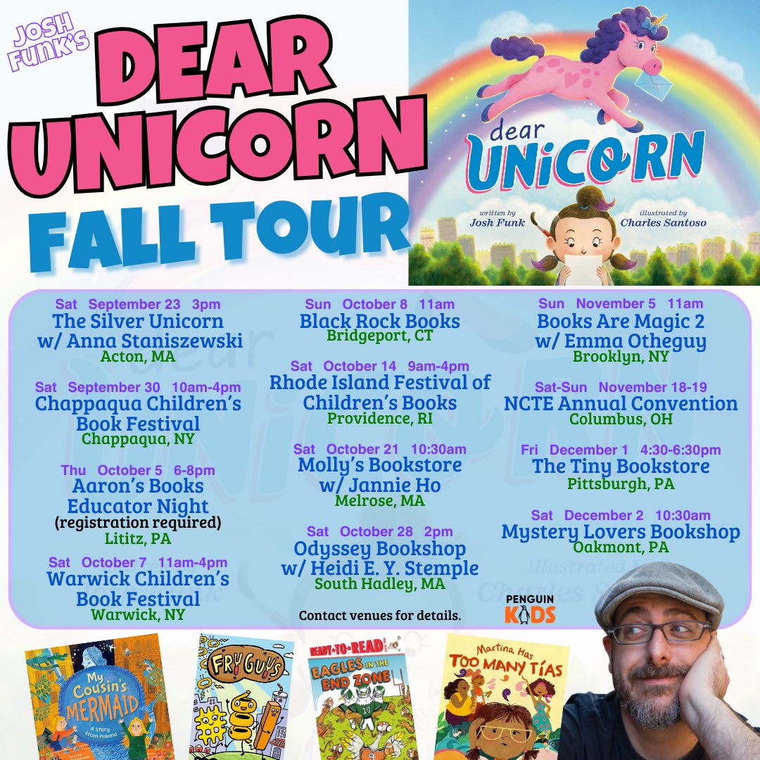 Josh Funk (@joshfunkbooks) on Twitter photo Exciting news! Fall tour is fully scheduled! 12 stops across 6 states - starting *this* Saturday at <a href="/SilUnicornActon/">Silver Unicorn Books</a>! Looking forward to saying hi and sharing the book love! Exciting news! Fall tour is fully scheduled! 12 stops across 6 states - starting *this* Saturday at <a href="/SilUnicornActon/">Silver Unicorn Books</a>! Looking forward to saying hi and sharing the book love!