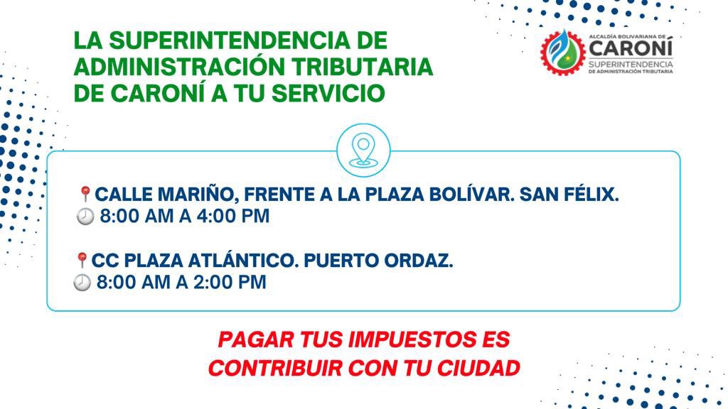 En la Superintendencia de Administración Tributaria de Caroní prestamos asesoría a los contribuyentes, con el objetivo de realizar una recaudación eficiente para la ciudad y sus habitantes. 
¡Si contribuyes, construyes! #CiudadGuayanaParaVivir