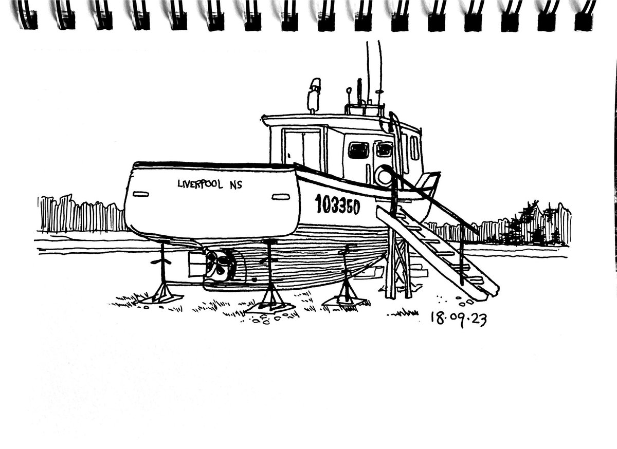 93/261 Charlie’s Boat, Point Aconi NS #draw #drawing #sketch #sketching  #penandink #capebretonisland #fishingboat #landscape #halifaxusk