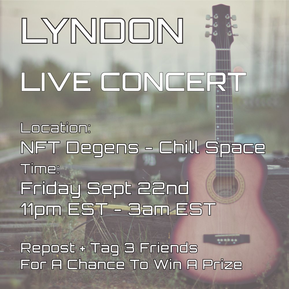 generalrigz's tweet image. ✨LIVE CONCERT✨
🎤🎸@XSwordtailX 

📍NFT Degens - Chill Space 🎤🌿☕️
🗓️Friday September 22nd
⏰11pm EST - 3am EST
👉x.com/i/spaces/1Mnxn…
✨Set a reminder☝️

🫶Artists invited to come play
from 2am EST - 3am EST +🫶

🎁Repost + Tag 3 Friends
For A Chance To Win A Prize🎁…