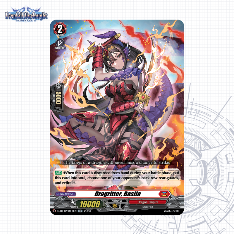 cfvanguard_en's tweet photo. "The fangs of a dragon will never miss a chance to strike."
Today's featured card is Dragritter, Basila from Booster Pack 12: Evenfall Onslaught
On sale from October 13th!
Find out more: https://t.co/a3DkClFdGL
#CardfightVanguard #CoTDs #TCG https://t.co/L2KrvjdHdd