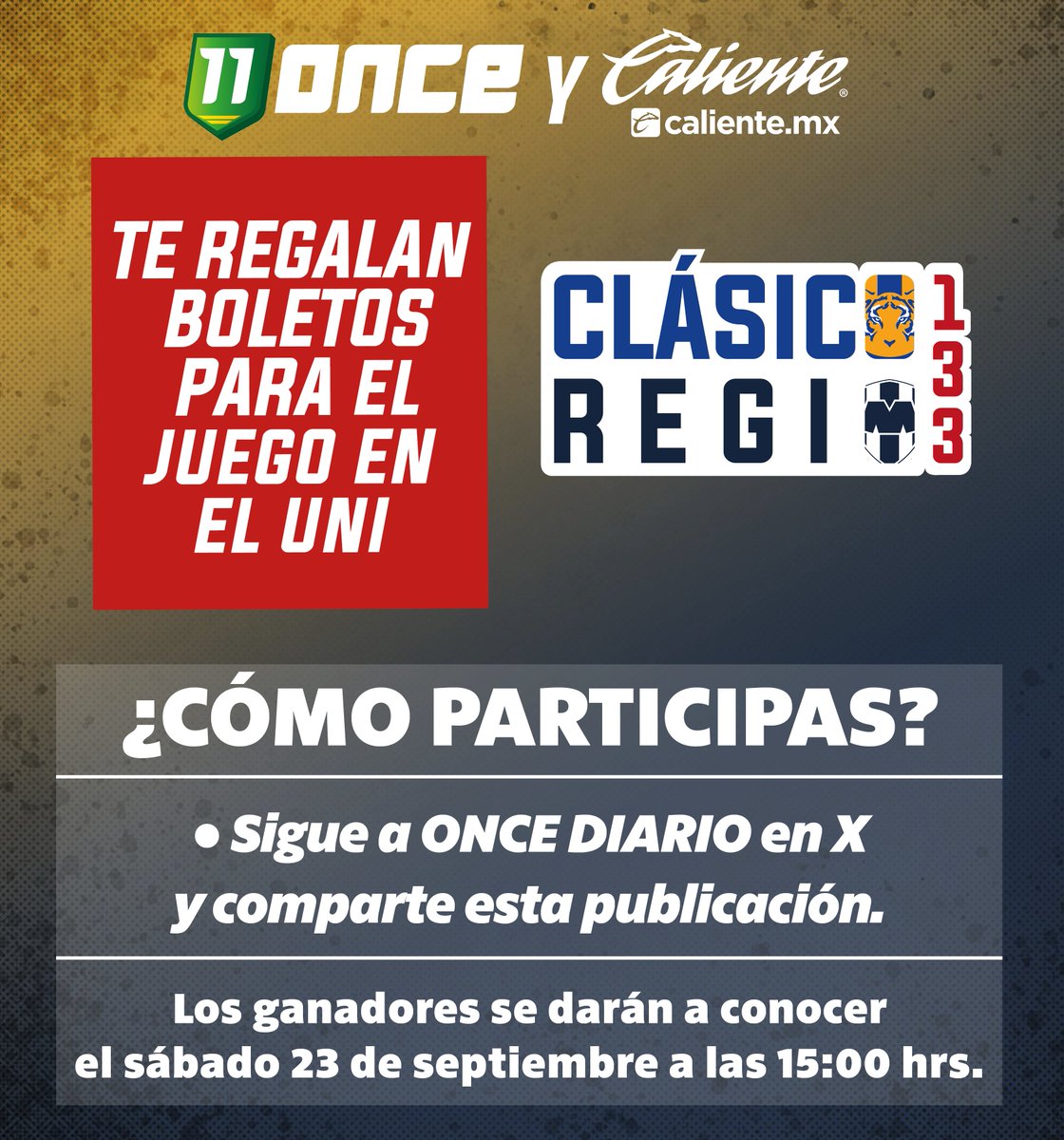 oncediariomx's tweet photo. GANA BOLETOS PA’L CLÁSICO 133 🐯🔥🤠

➡ Éntrale a la promo con ONCE  y @calientesports.
☑ Sigue los pasos y ya estás participando.

#ClásicoRegio133 • #Tigres • #Rayados