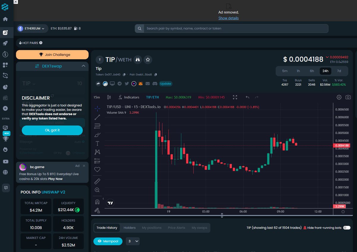 X_RadCrypto's tweet photo. Kỷ nguyên 3 của $tip @tipcoineth
Mình nhận và đáp lại #like - #retweet - #commment chéo với tất cả các bạn.
Tiếp tục #cheo nữa nha.
$tip lên giao dịch trên sàn #Dextools rồi, không scam nhé. https://t.co/1YVk3W0JJS