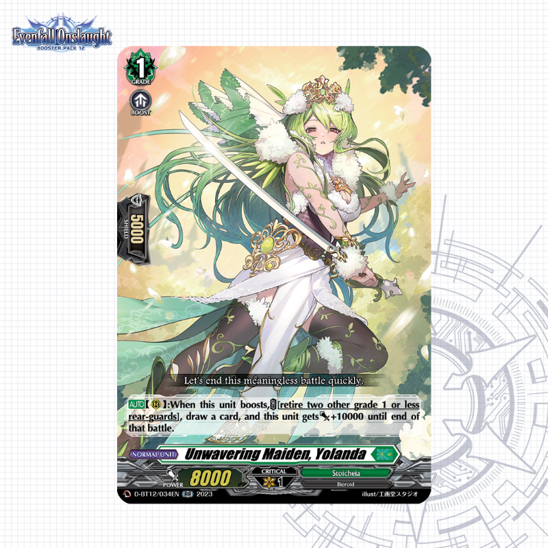 cfvanguard_en's tweet photo. "Let's end this meaningless battle quickly."
Today's featured card is Unwavering Maiden, Yolanda from Booster Pack 12: Evenfall Onslaught
On sale from October 13th!
Find out more: https://t.co/a3DkClFLwj
#CardfightVanguard #CoTDs #TCG https://t.co/2ZcUj6a8zY