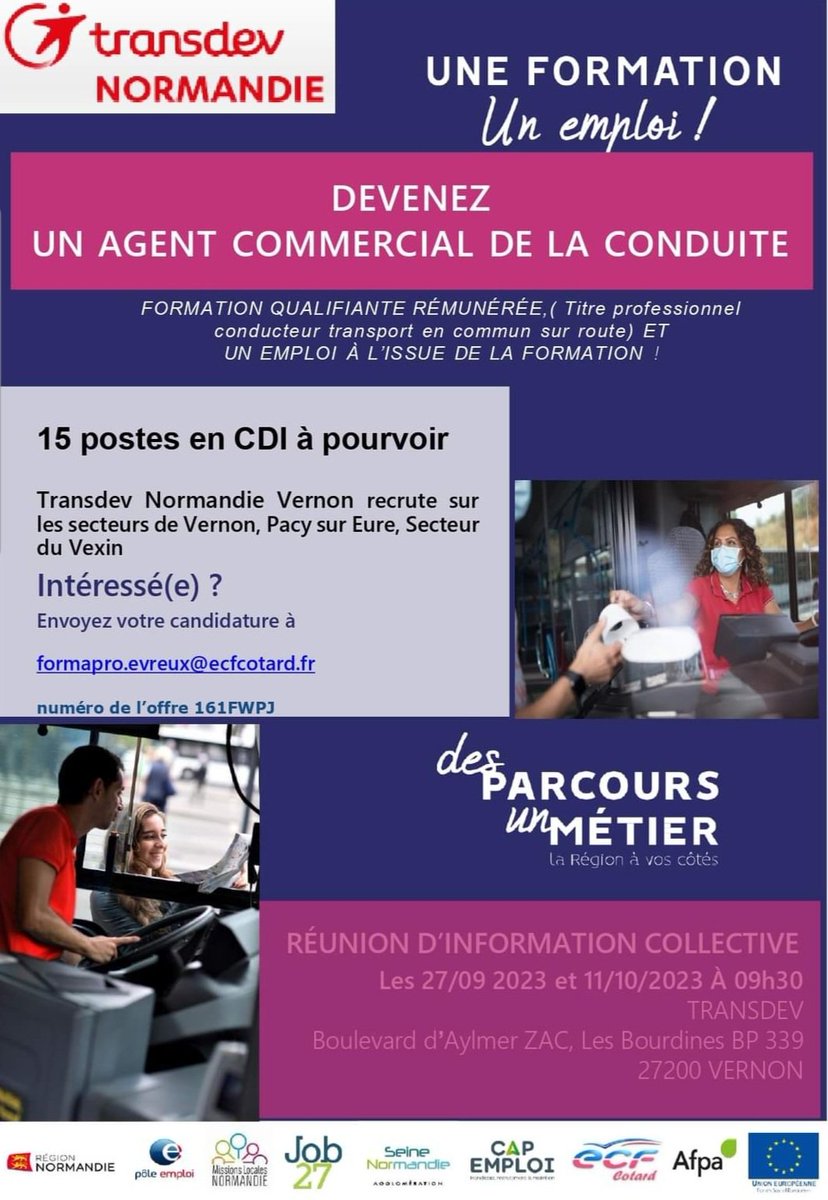 _laeti26's tweet photo. ➡️Vous souhaitez devenir Conducteur de transport en commun sur route 🚌? En partenariat avec la @RégionNormandie #ECFCotard #TransdevNormandie #PôleemploiVernon @Poleemploi_Ndie 
Postulez ici 👉 https://t.co/45qmtbD87b
#1formation1emploi#recrutement#Métiersentension. https://t.co/KqiirM5p9f