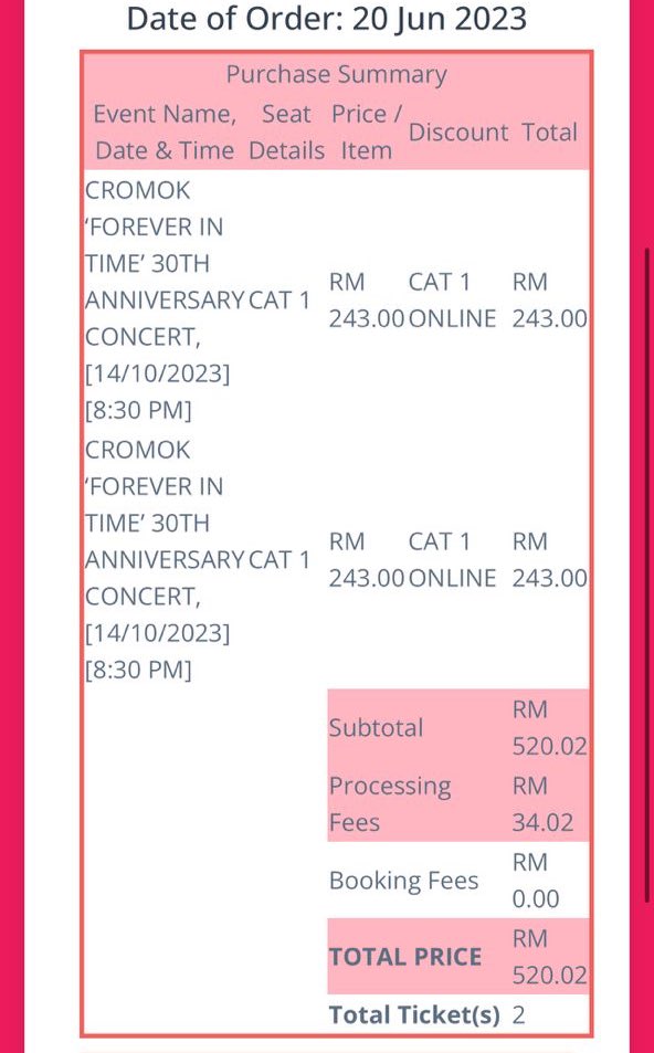 Zagreyb's tweet image. Satu tiket Anniversary Concert Cromok Forever In Time CAT 1 untuk dijual.

Tak dapat pergi sebab esok harinya 15/10 tu ada BOMBA inspection di tapak. Jauh pula tu.

RM260 dah la. Tu termasuk processing fee dah.
Nak jual satu sahaja. 

#cromok
#foreverintime
#concert
