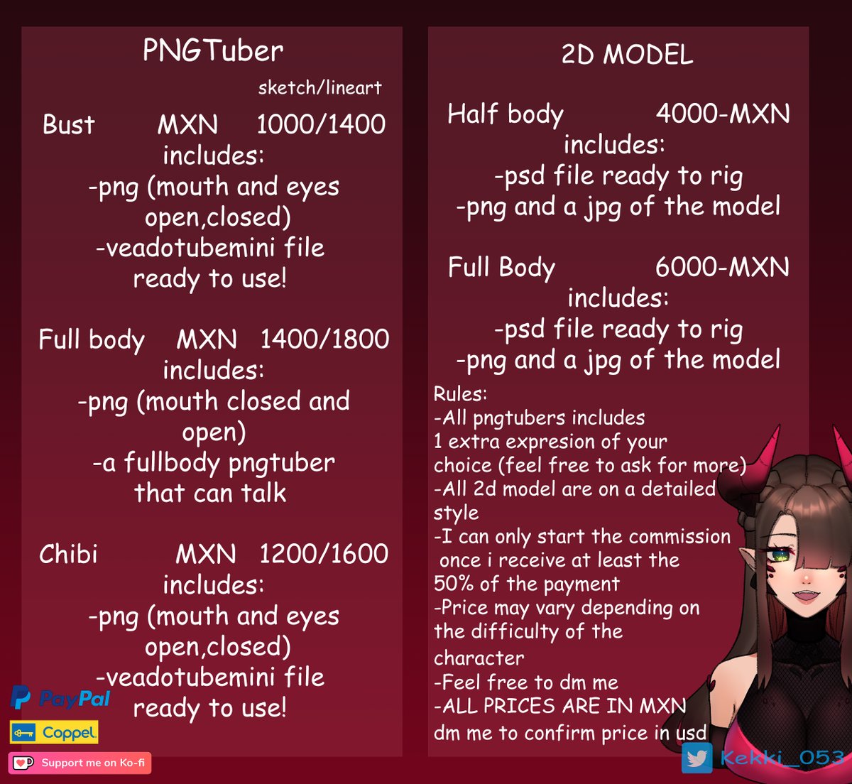Kekki_053's tweet photo. Guys, my VT model is almost done🫣✨ i will be saving next month to pay the rigger! ♥ remember i have commissions open for 2dVtuber models and PNGtubers! ♥ i have 2 SLOTS OPEN for 2d models! 
there are my prices in usd(not updated and aproximate) 
and  mxn! (updated) https://t.co/frYlGCFC6G