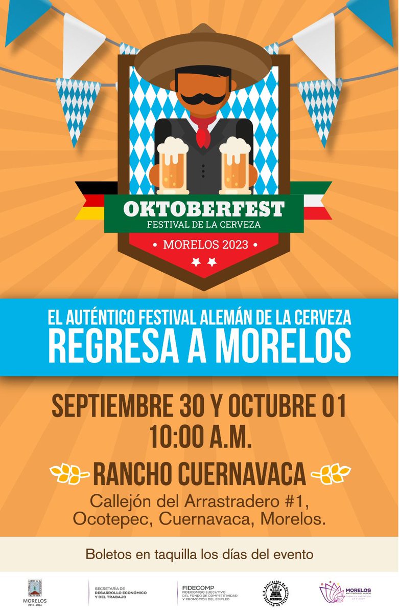 Regresa el auténtico festival alemán-morelense de cerveza artesanal 📷

La <a href="/SDEyT_Morelos/">Secretaría de Desarrollo Económico y del Trabajo</a> te invita a disfrutar de alimentos, música, cerveza y más.

📷Boletos en taquilla  
📷31 de septiembre y 01 de octubre 2023
📷Rancho Cuernavaca