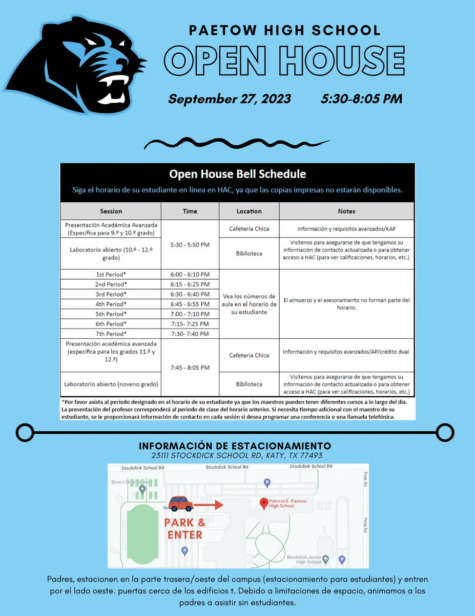 Panther parents, please join us for PHS Open House on September 27th. See the informational flyer for more info. We look forward to meeting you!