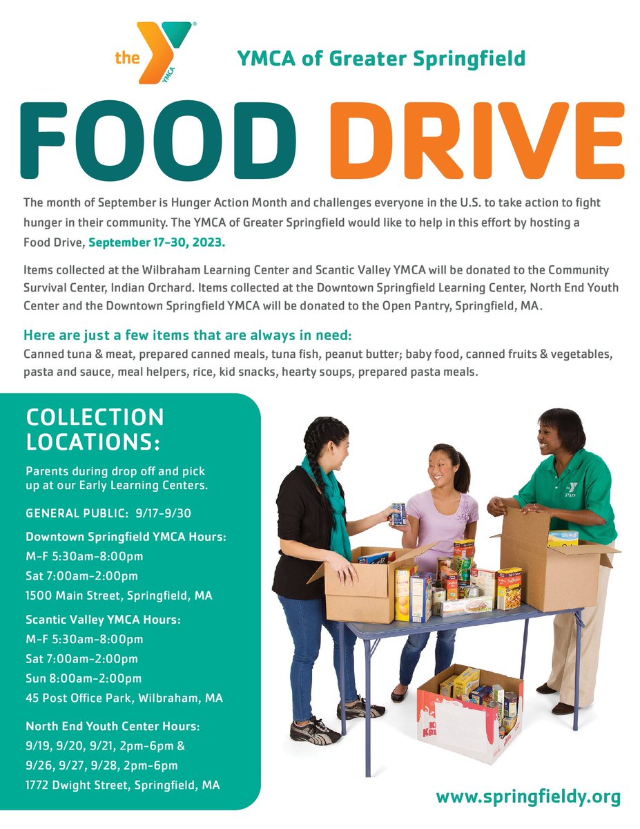 This week was the start of the YMCA of Greater Springfield's Food Drive. Items collected will be donated to the Community Survival Center and Open Pantry. Help us fight hunger in our community.