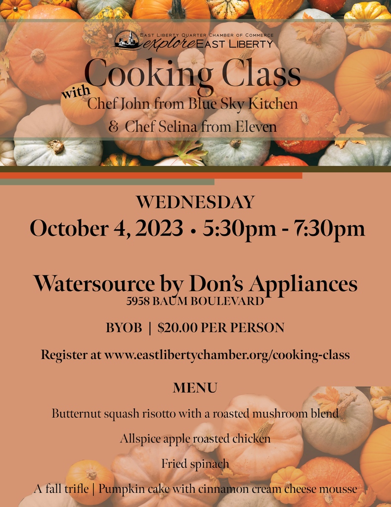 Looking for a new recipe? Join us for the next East Liberty Chamber of Commerce Cooking Class at Watersource by Don's Appliances! 

Get your seat now: eastlibertychamber.org/Cooking-Class

📅 October 4, 2023
⏰ 5:30-7:30 pm
🗺️ 5958 Baum Blvd