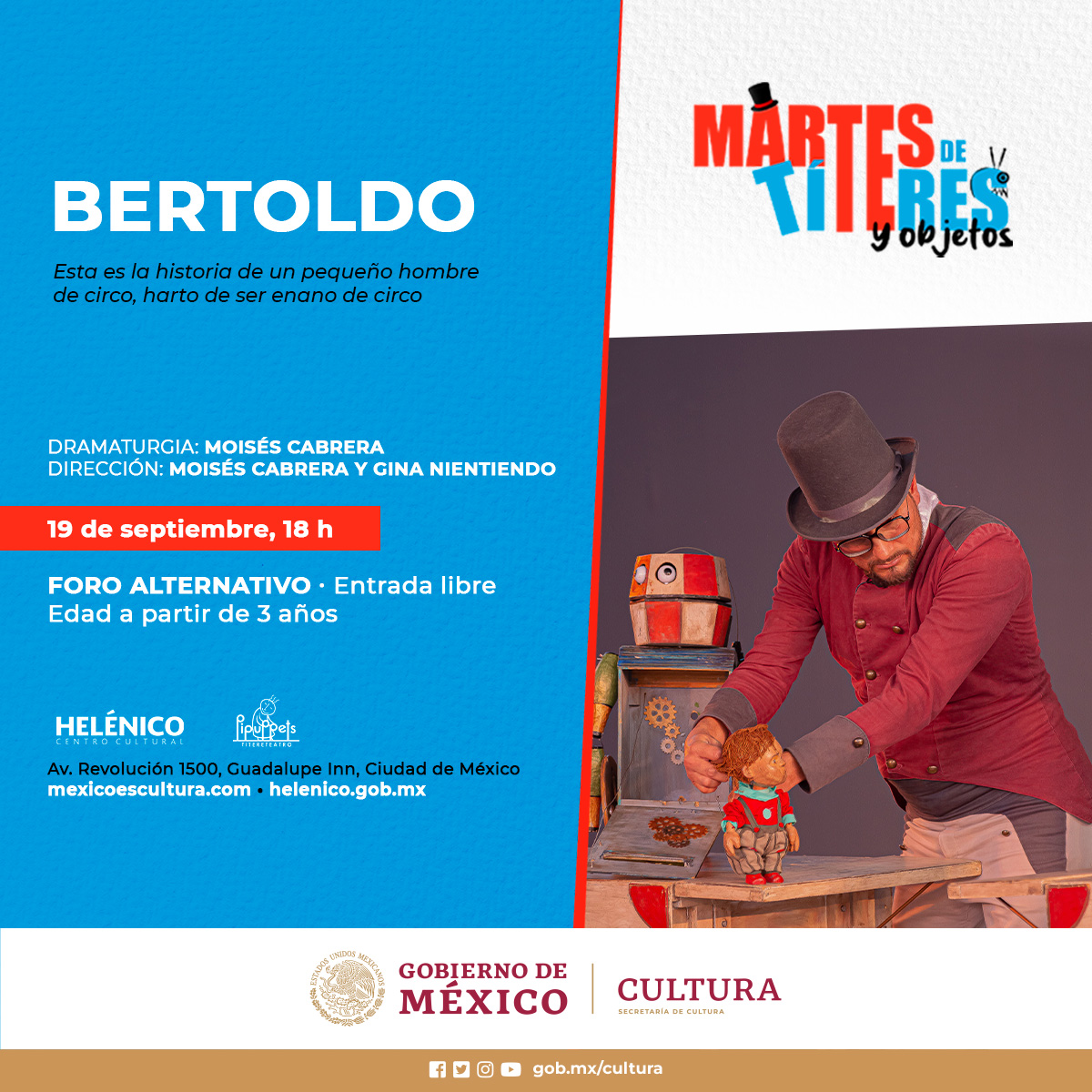 Helenico's tweet photo. #FelizLunes

Mañana regresan los Martes de títeres y objetos con: #Bertoldo, la obra de un enano de circo, cansado de serlo.

Cupo limitado a 60 personas • Acceso a público en taquilla a partir de las 17 h

Martes 19 de septiembre, 18 h Foro Alternativo
📅https://t.co/xt59soKMCU https://t.co/SC1cvpbGeV