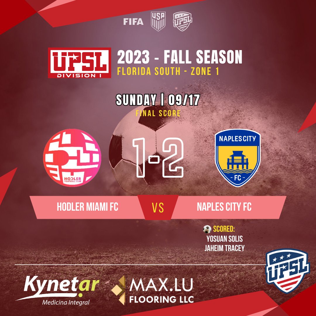 naplescityfc's tweet photo. UPSL Division 1 – Florida South Zone 1
2023 Fall Season

📣Sunday 09/17 - Final Score:
@hodlermiamifc 1-2 @naplescityfc

⚽SCORED:
Yosuan Solis
Jaheim Tracey

@UPSLsoccer

🔵⚪🟡 #naplescityfc #naplesflorida ⚽ #soccer #upslflorida #upslsoccer #ussoccer #wearethecity https://t.co/WgEGS8dnM7