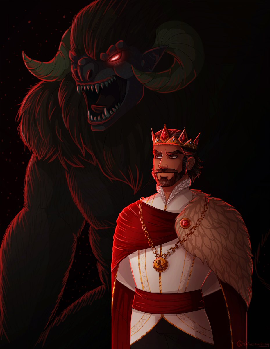 irishhalfling's tweet photo. Just an average portrait of Watcher's dearest departed father... It says a lot about someone that they, essentially, turn into a goristro to try and kill you when confronted. Corrupt kings, am I right? 

#DnD #dungeonsanddragons #dnd5e #dndart https://t.co/ngXLKU3t8A