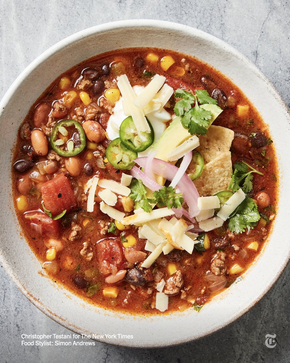 nytimes's tweet photo. "This soup is fantastic! My family devoured the whole pot."

This taco soup is summer and fall in one spicy, satisfying bowl. https://t.co/3ix1JkPOb7 https://t.co/mER7Vq3qcs