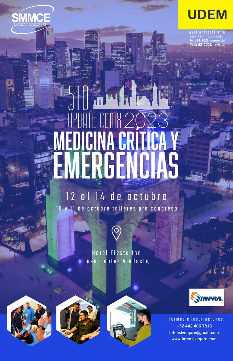 OrlandoRPN's tweet photo. 5to UpDate en Medicina Crítica y Emergencias 🚨 🏥
Oct/23 🌃 CdMx 🇲🇽
La mejor actualización con Conferencias Magistrales y Talleres impartidos por Expertos en:
🫁 Ventilación Mecánica #AVENTHO
🫀 Monitoreo Hemodinámico y Gasométrico #MHEGAS
🧠 Neurocrítica
🔊 USG #POCUS
🌈 Trastornos Ácido-Base
🤰 Obstetricia Crítica
🩸 Reanimación Hemostática
⚡️ RCP y Terapia Eléctrica
🏍️ Trauma Grave
🫁 Broncoscopía y Vía Aérea
☣️ Toxicología
💪 Fisioterapia Intensiva
🫀🫁 ECMO V-A y V-V
y más!
Inscríbete a tiempo al +52 4424067816📲
📜 Aval Universitario UDEM 🟡
Con Valor Curricular para todas las Especialidades Médicas y Profesionales Afines
Cupo limitado
#SMMCE