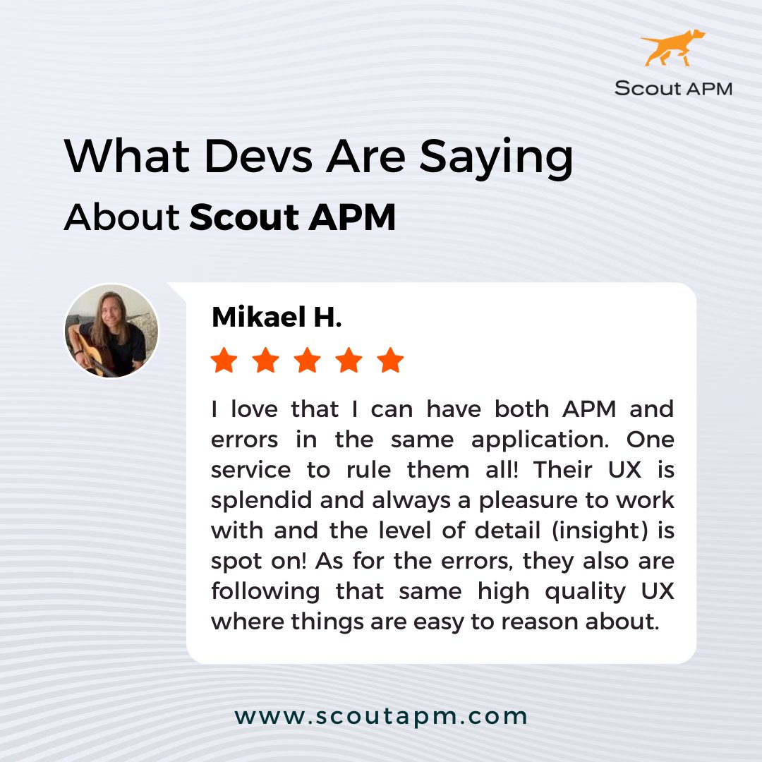 ScoutAPM's tweet image. Reviews like this make it all worthwhile. Thanks for the love, Mikael ⭐⭐⭐⭐⭐
g2.com/products/scout…
#ScoutAPM #5StarReview #PerformanceMonitoring #RubyPerformance #ruby #python #webdev