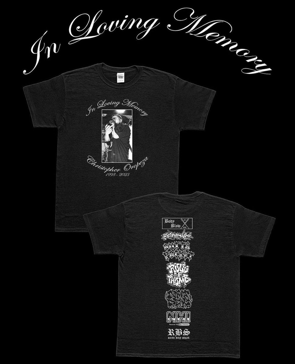 HANDSOVGOD's tweet photo. For the lil homie Chris: 

https://t.co/rs095AAtRl

https://t.co/bDsNArrzqa

https://t.co/9K5mr1P3jY

https://t.co/uJRUd0YLum

Shirts for preorder to help out his family with expenses on the OP bandcamp https://t.co/JPJdbVWATE
