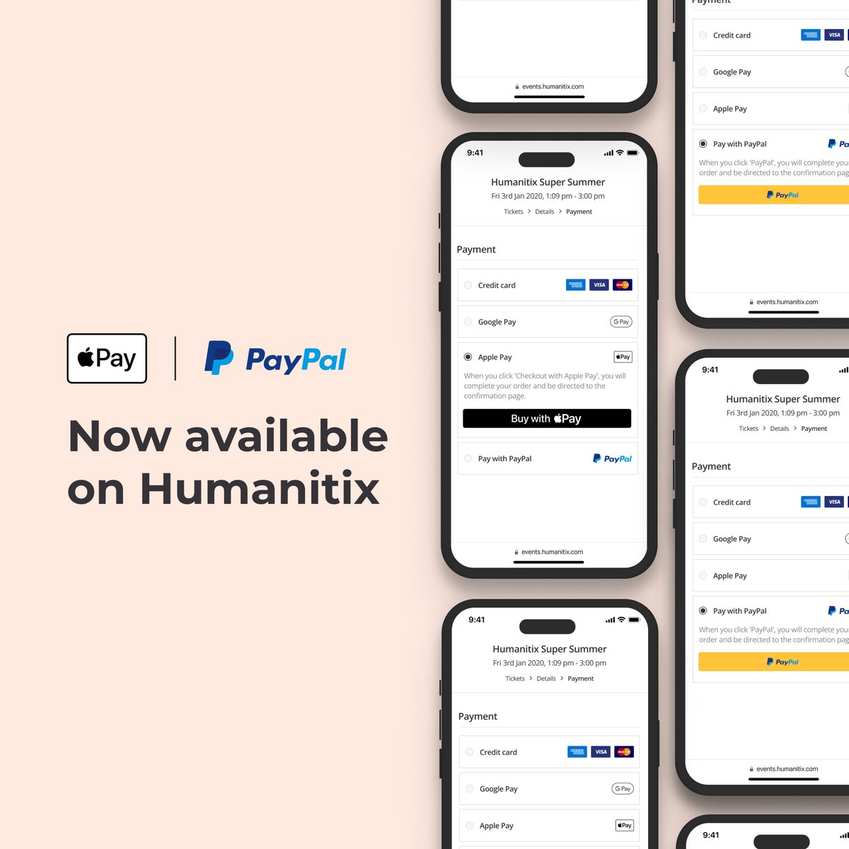 It finally happened. Apple Pay and PayPal are now live on Humanitix! As well as more options to pay for your tickets, it also means all your information can be pre-filled in one click with express checkout. Less hassle, more fun! Bring on the good times 🥳🎉💃