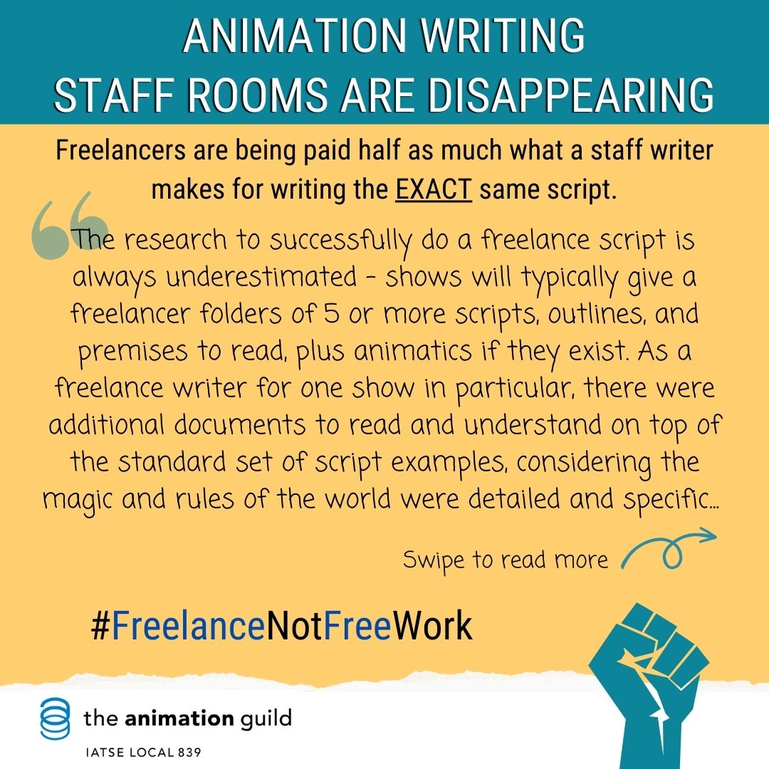 TAGwriters's tweet image. Writing a freelance script is JUST AS MUCH, if note MORE, work than writing a script while staffed. So why are we making so much less doing it?? Charge for prep work and negotiate above minimums! Studios need to pays us for the work we do. #FreelanceNotFreeWork