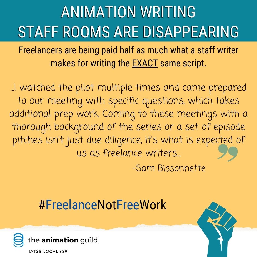 TAGwriters's tweet image. Writing a freelance script is JUST AS MUCH, if note MORE, work than writing a script while staffed. So why are we making so much less doing it?? Charge for prep work and negotiate above minimums! Studios need to pays us for the work we do. #FreelanceNotFreeWork