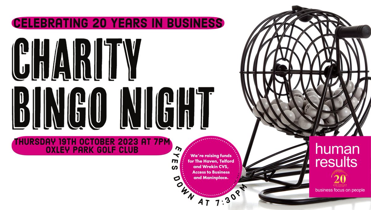 human_results's tweet photo. Make sure you get your tickets for our Charity Bingo night on 19th October!
Join us for a fun night of fundraising at Oxley Park Golf Club - eyes down at 7:30pm.
#20yearsinbusiness #20thanniversary #businessnetworking #charitybingo #charityevent #blackcountrybusiness #wolverha https://t.co/TkjFg4XtqJ