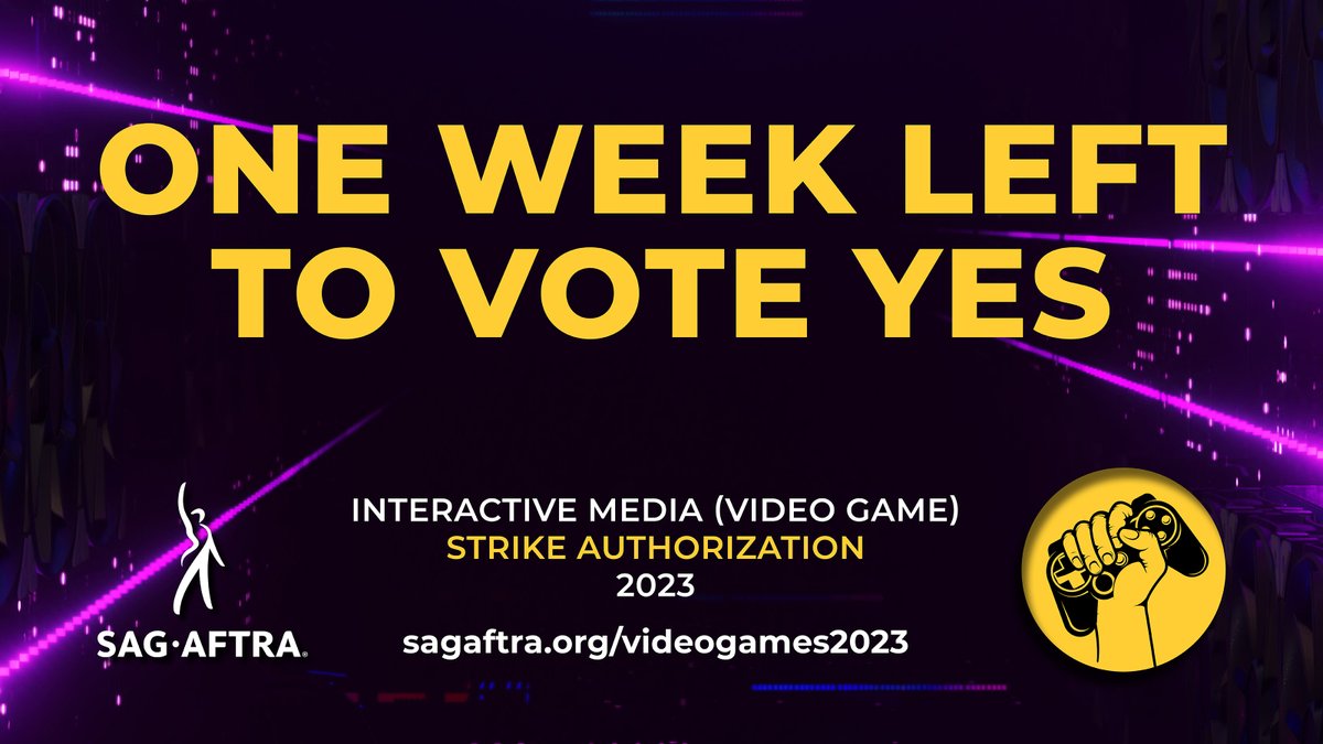 #SagAftraMembers- Our time to level up the games industry is NOW! 1 WEEK LEFT!

💰Demand Fair Pay 🤖 Keep Humanity in Games 🛡️Fortify Safety

🎙 Your Mission: Vote Yes for Video Game strike authorization by MONDAY, 9/25. Info: sagaftra.org/videogames2023

🚀#LevelUpMyContract