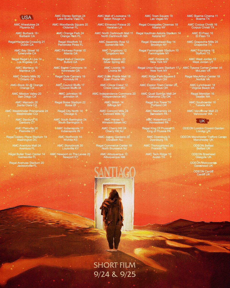 THE SANTIAGO SHORT FILM IS COMING TO THEATERS!!!! 🤯🤯🤯🤯 

Sep 24/25

US 🇺🇸 
UK 🇬🇧 

INDEPENDENT DOIN MAJOR SHIT