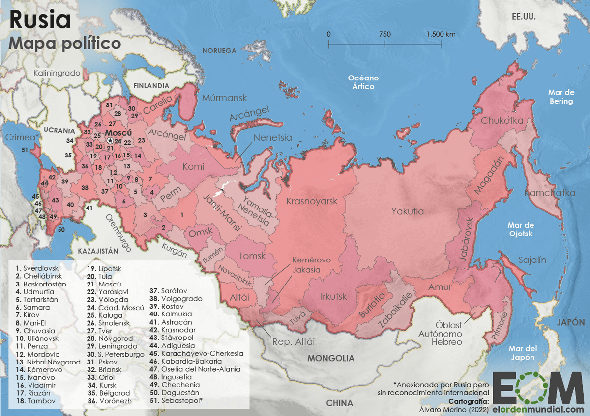El mapa político de Rusia es un entramado complejo de sujetos federales 🇷🇺 Conocer el territorio y su distribución es clave para entender como se distribuye el país más extenso del mundo. Así se ve sobre el mapa 👇 elordenmundial.com/mapas-y-grafic…