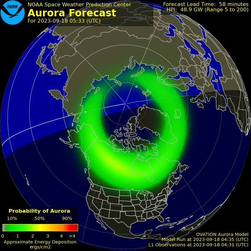Looks like tonight will be an active aurora night across the Northern Hemisphere! Unfortunately, it doesn't look to be quite strong enough to see in our area. We'll keep an eye on it this evening, though!