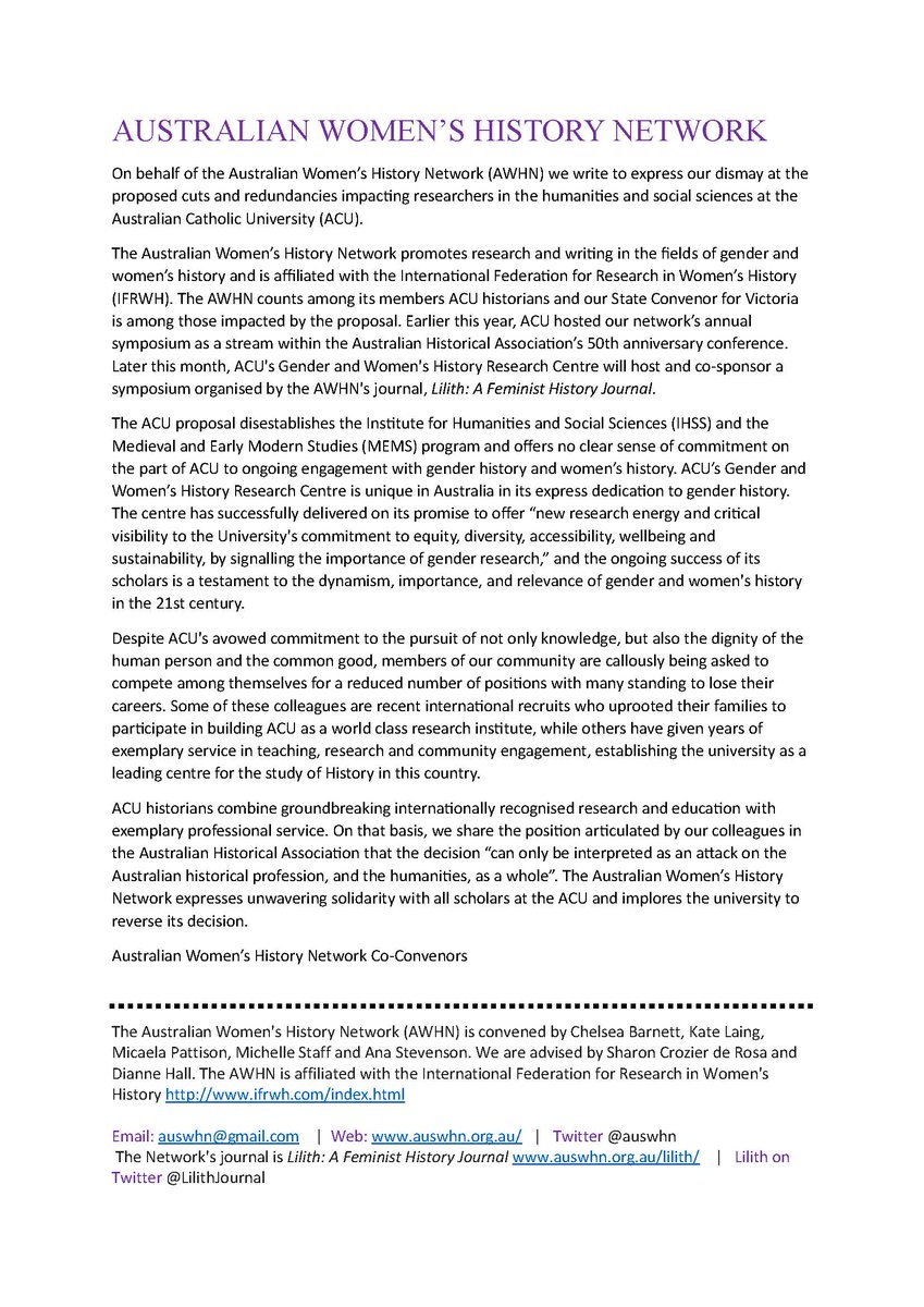 The Australian Women's History Network joins <a href="/AustHistAssoc/">AHA (Australia)</a>, <a href="/ANZAMEMS/">ANZAMEMS</a>, and <a href="/HumanitiesAU/">Australian Academy of the Humanities</a>  to express dismay at the proposed cuts and redundancies impacting researchers in humanities and social sciences at the Australian Catholic University.

Read more ⬇️
auswhn.org.au/wp-content/upl…