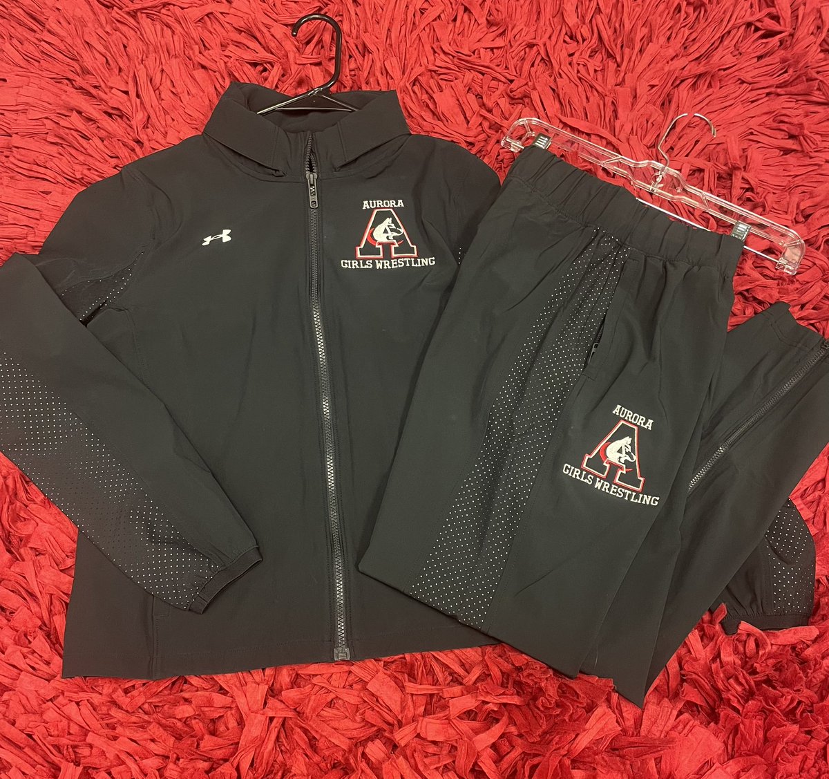 The Aurora Girls Wrestling team is “gearing” up for the 23-24 season!  Thanks to Jay &amp; Tina Oswald for the water bottles and to Miss Klawonn &amp; the Dog Pound crew for the name bands! Another big shout out to Aurora Coop for purchase of the new warm-ups for the wrestlers/coaches!