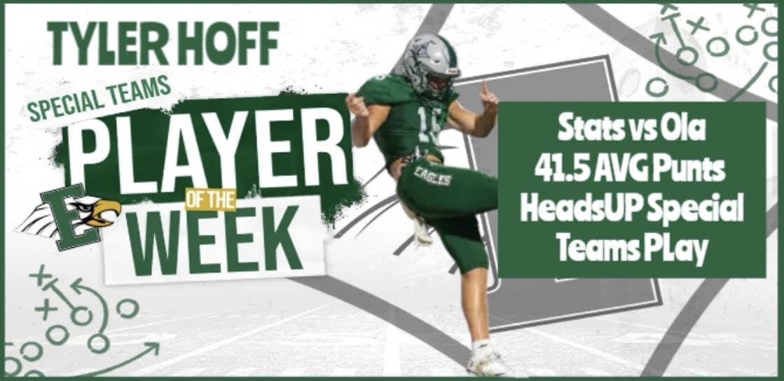 Congrats To Our <a href="/YourPie/">Your Pie</a> Special Teams Player Of The Week - <a href="/Tyler_Hoff10/">Tyler Hoff</a> 

⭐️ 41.5 Punt Avg 

⭐️ Clutch KickOff Return Plays 

⭐️ JR | WR 

#WeBleedGreen🦅 #OurStandard