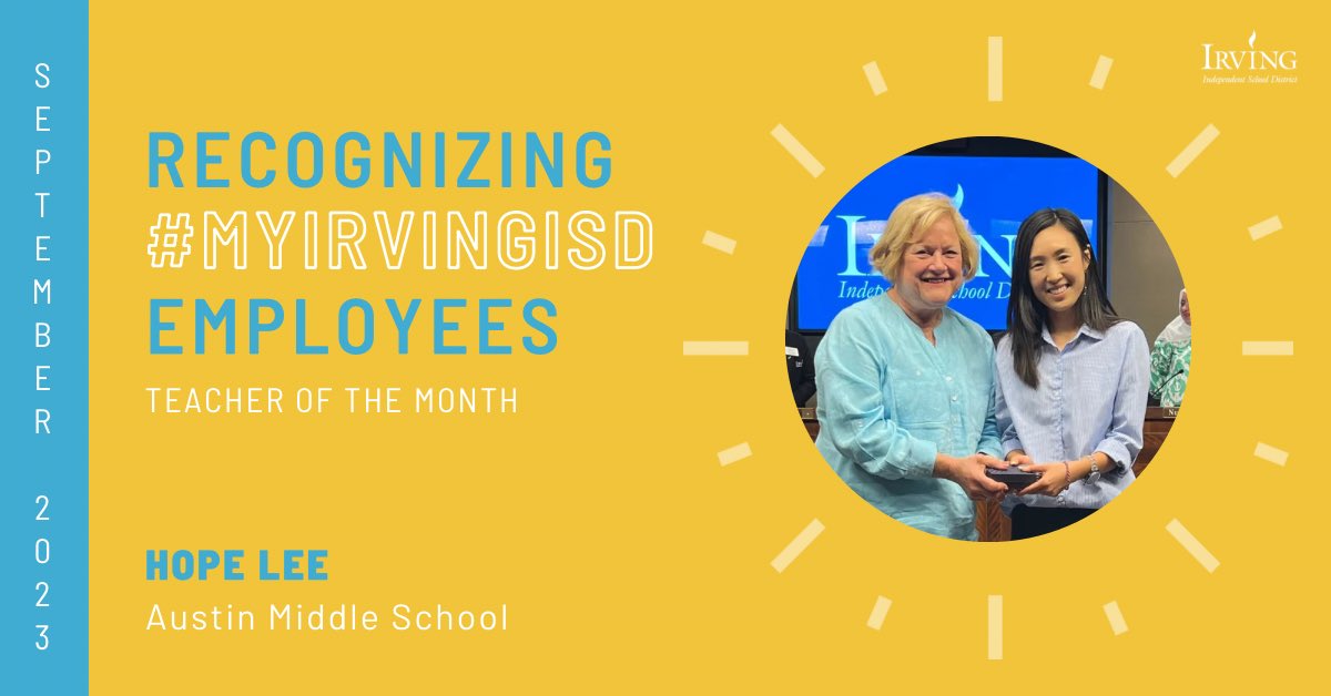 IrvingISD's tweet photo. Help us congratulate the #mylrvingISD September staff members of the month! ๐
๐ Teacher: Hope Lee, @Austin_Broncos English/Language Arts/Reading Teacher
๐ Employee: Marquez Davis, @MacArthurCards Dean of Students
๐ Guest Educator: Brenda Barcenas, @farinefalcons https://t.co/rsLtVOXbhb