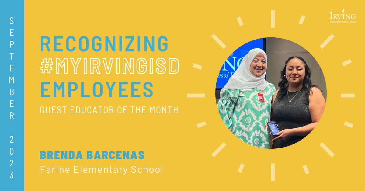 IrvingISD's tweet photo. Help us congratulate the #mylrvingISD September staff members of the month! ๐
๐ Teacher: Hope Lee, @Austin_Broncos English/Language Arts/Reading Teacher
๐ Employee: Marquez Davis, @MacArthurCards Dean of Students
๐ Guest Educator: Brenda Barcenas, @farinefalcons https://t.co/rsLtVOXbhb