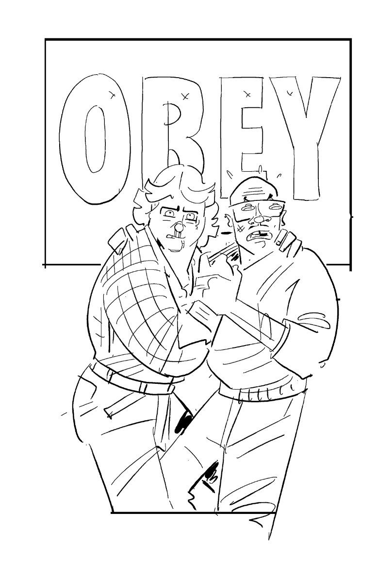 Finally getting back to Patreon commissions; here're pencils for a Rowdy Roddy/Keith David THEY LIVE piece (second attempt, as the first one was *really* not good) 