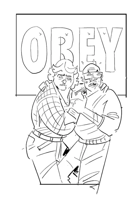Finally getting back to Patreon commissions; here're pencils for a Rowdy Roddy/Keith David THEY LIVE piece (second attempt, as the first one was *really* not good) 