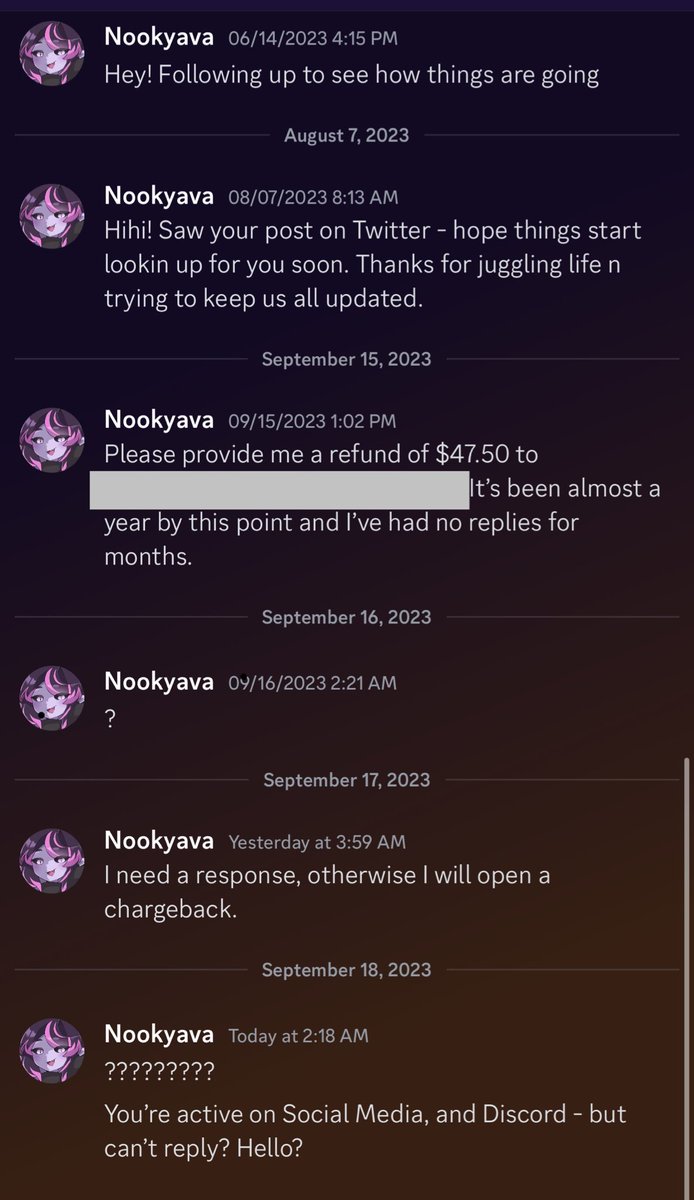 nyxfenra's tweet photo. Still can’t get a reply from @reyascorner #reyascorner for a commission I paid for last November. This seems like my last possible way to reach out.

I’m sorry about your situation but at this point I want to commission someone else. I just want my refund, not to be ignored. https://t.co/YMsVYY3jhk