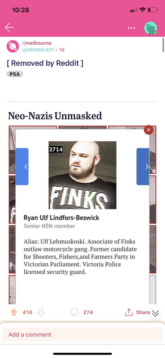 l_j_wat's tweet photo. It seems @Reddit  loves Nazis because my post about warning a country town of a Nazi who is spending time there has been removed 😊 https://t.co/6WcZphtzVq