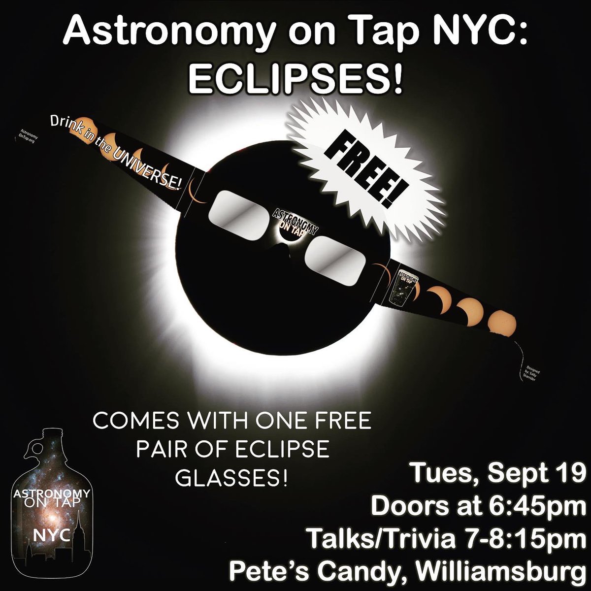 Astronomy on Tap NYC (@astroontapnyc) on Twitter photo Tuesday!! Celebrating a brand new Star Doctor, and featuring Solar System Ambassador and <a href="/AAAdotORG/">Amateur Astronomers Association</a>’s very own <a href="/kuiperkat/">Kat Troche 🌃</a> explaining how YOU can see TWO upcoming eclipses from right here in NYC! Plus trivia and prizes and free eclipse glasses!! #AstroOnTap Tuesday!! Celebrating a brand new Star Doctor, and featuring Solar System Ambassador and <a href="/AAAdotORG/">Amateur Astronomers Association</a>’s very own <a href="/kuiperkat/">Kat Troche 🌃</a> explaining how YOU can see TWO upcoming eclipses from right here in NYC! Plus trivia and prizes and free eclipse glasses!! #AstroOnTap