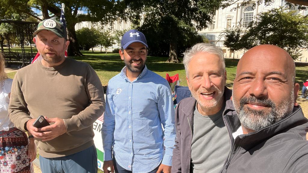 Here is @josephazam with @saf_rauf @ZabihUllahR and, of course @jonstewart during the @AAAFireWatch last year. And 1 year later... We are still asking that the promise made to our #AfghanAllies be kept. Which starts with passing the #AfghanAdjustmentAct