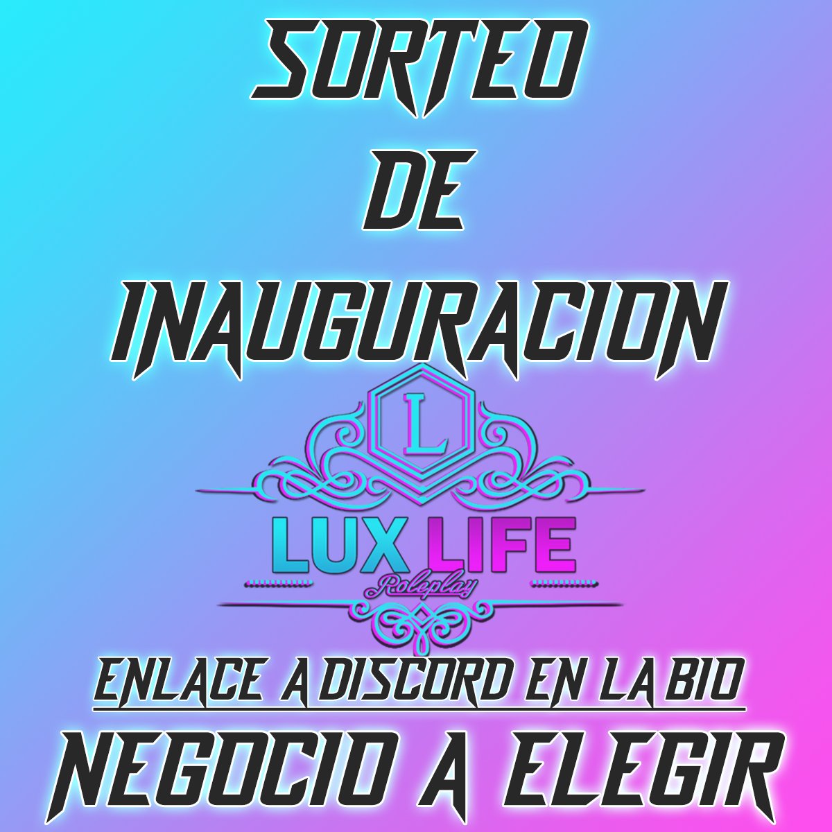 Realizamos el primer sorteo de LuxLife RP, en este, uno de nuestros jugadores podrá ganar un negocio completamente estructurado.

Enlace a discord en la bio.