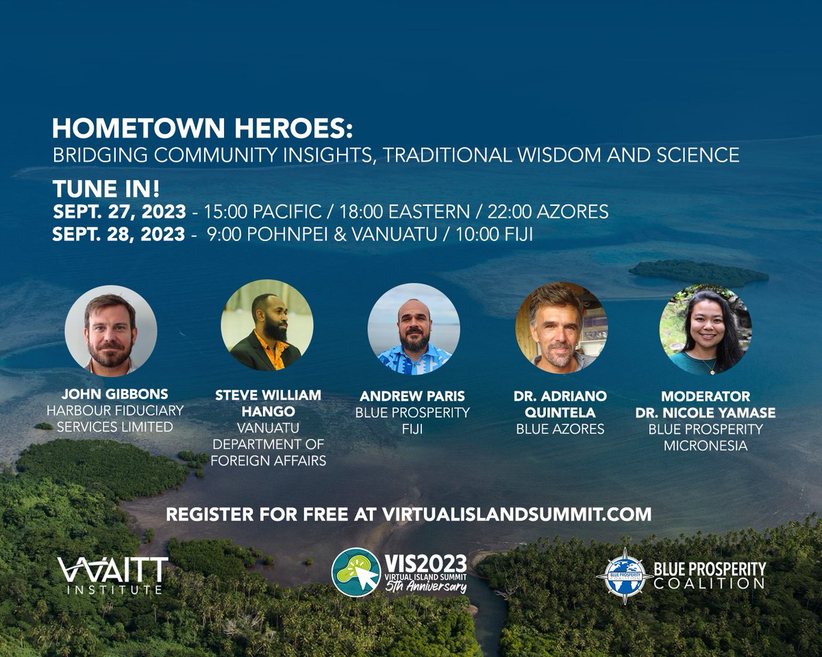 Tune in to “Hometown Heroes: Bridging Community Insights, Traditional Wisdom, And Science” for an exciting panel exploring the future of sustainable ocean management! Feat. speakers from the Azores, Bermuda, FSM, Fiji and Vanuatu. REGISTER for #VIS2023: islandinnovation.co/events/virtual…