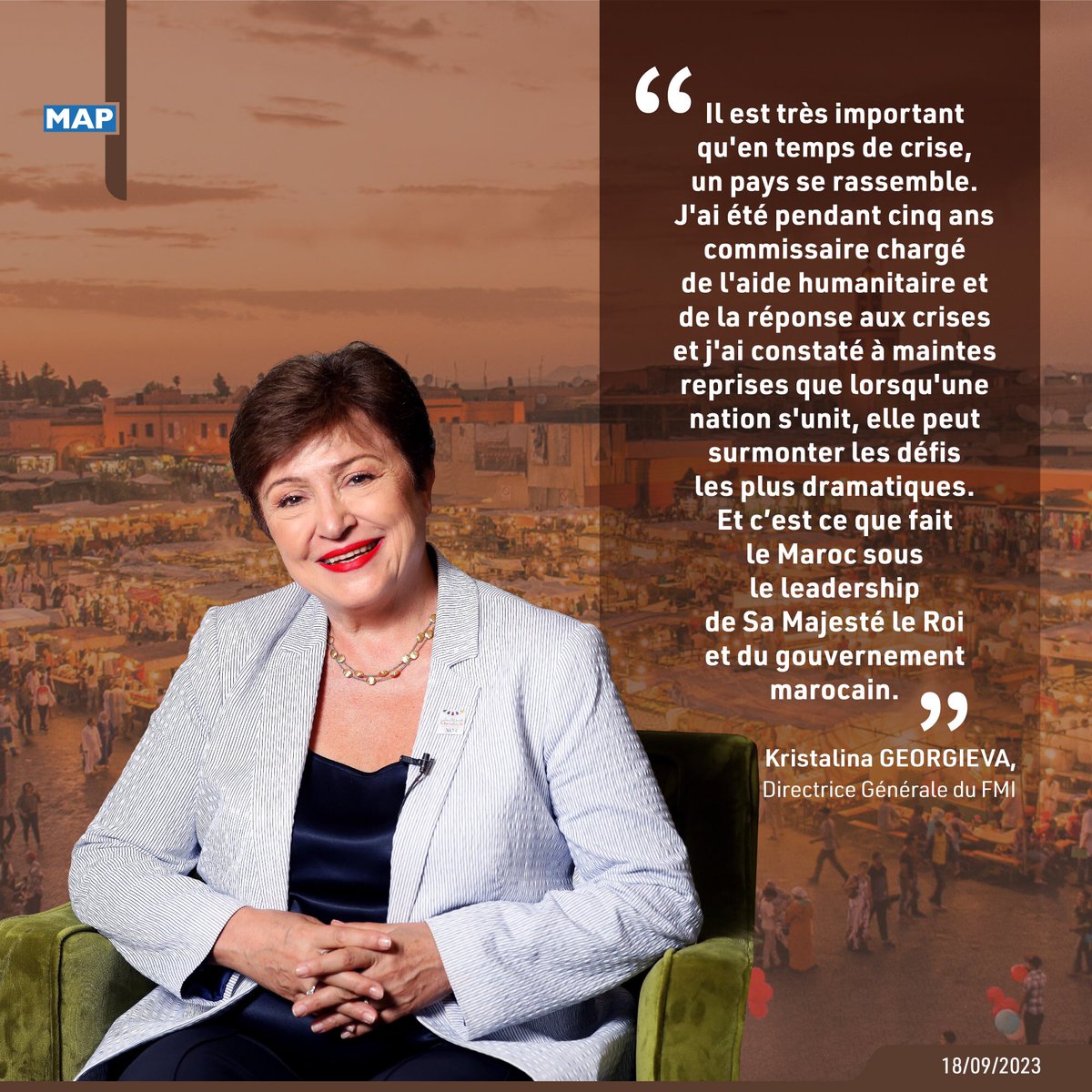 MAP_Information's tweet photo. #MapInfographie 

Séisme d’Al Haouz: La Directrice générale du FMI salue la réponse du Maroc sous le leadership de SM le Roi

https://t.co/T2XD1MH2Ae

@KGeorgieva @IMFNews @WorldBank https://t.co/8pJ183KJ13