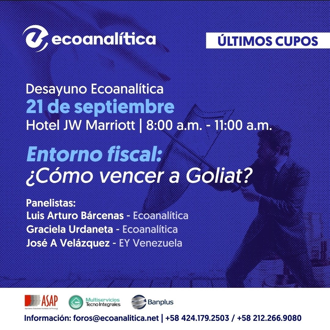 ecoanalitica's tweet photo. ¿Tienes dudas sobre cómo afectan los cambios fiscales a tu negocio?

Únete a nuestro próximo #DesayunoEcoanalítica en el que conversaremos sobre los cambios en materia tributaria en #Venezuela 🇻🇪 que más han afectado a las #Empresas y hogares del país, su relación con el entorno económico actual, las tendencias de la actividad fiscalizadora, así como algunas de las estrategias que pueden implementarse para minimizar el impacto de dichos cambios en el negocio.

No importa si eres un empresario, profesional independiente o simplemente alguien interesado en entender mejor el panorama fiscal del país. ¡Este evento es para ti! Inscríbete ahora ingresando al WhatsApp 📲 disponible en enlace 🔗 👇

https://t.co/nxwBQdlcUa

¡Te esperamos para una jornada de conocimiento y claridad tributaria! 💡📊🧾