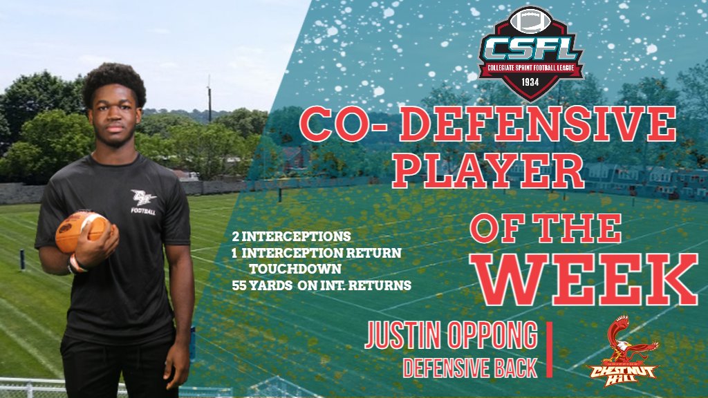 Congrats to Griffins' football player Justin Oppong!
Justin is the 3rd football player to earn a major weekly award from the CSFL this week as he was named the CSFL co-Defensive Player of the Week!  He had 2 interceptions  and a touchdown
#WeAreCHC #GriffinPride
<a href="/chestnutHillfb/">Chestnut Hill Football</a>