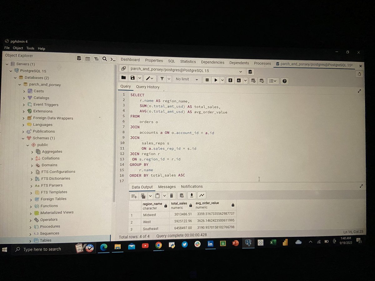 Abefe0's tweet photo. DAY 15 - GROUPING AND AGGREGATION
#20dayswithdata #hertechtrailacademy #HTTDatachallenge #SQLAggregation #DataAnalytics
Wrote an SQL query to calculate Total sales and average order value by region. https://t.co/bC6vcDMSxJ