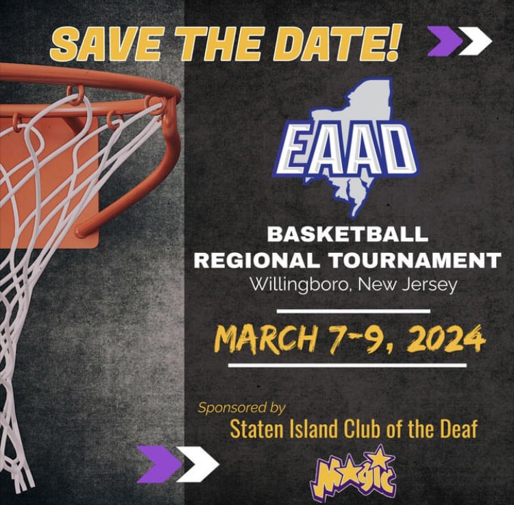 EAADbball's tweet photo. 📍 𝑺𝒂𝒗𝒆 𝑻𝒉𝒆 𝑫𝒂𝒕𝒆!! 🏀

The 2024 Eastern Athletic Association of the Deaf men's &amp; women's basketball regional tournament is scheduled for March 7-9 in Willingboro, NJ.

This event sponsored by the Staten Island Club of the Deaf Inc. &amp; the host team, SICD Magic. #EAAD https://t.co/48f0jFWuHy